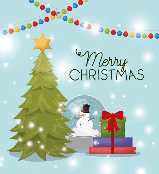 Pine julgran med snögubbe och gåvor — Stock vektor