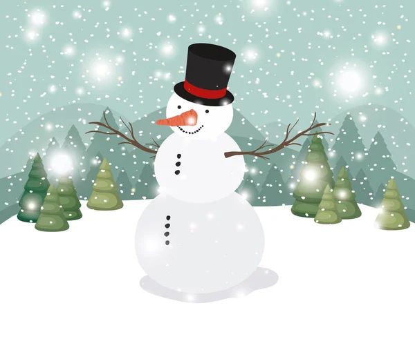 Mery Kerstkaart met sneeuwpop in snowscape — Stockvector