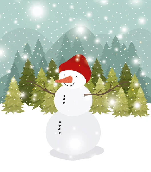 Mery Kerstkaart met sneeuwpop in snowscape — Stockvector