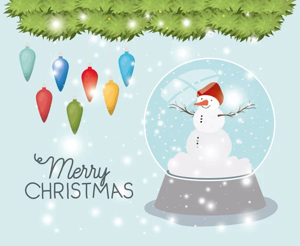 Cartão de Natal mery com boneco de neve e esfera — Vetor de Stock