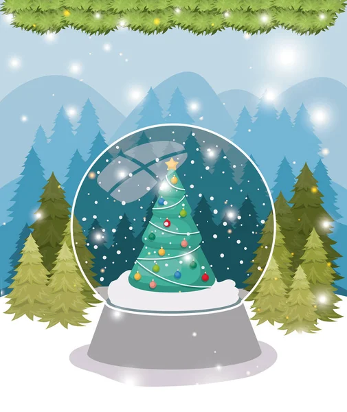 Χριστουγεννιάτικο δέντρο πεύκο σε σφαίρα και snowscape — Διανυσματικό Αρχείο