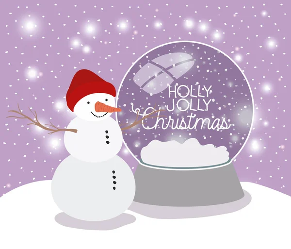 Mery Kerstkaart met sneeuwpop en bol — Stockvector