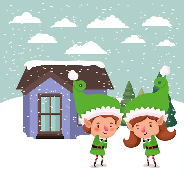 夫妇圣诞老人助手在雪景矢量插图设计 — 图库矢量图片