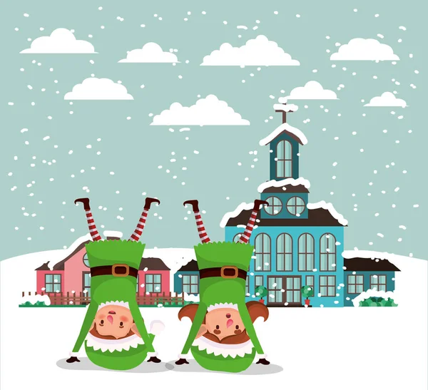 Paar Weihnachtsmann Helfer Schneelandschaft Vektor Illustration Design — Stockvektor