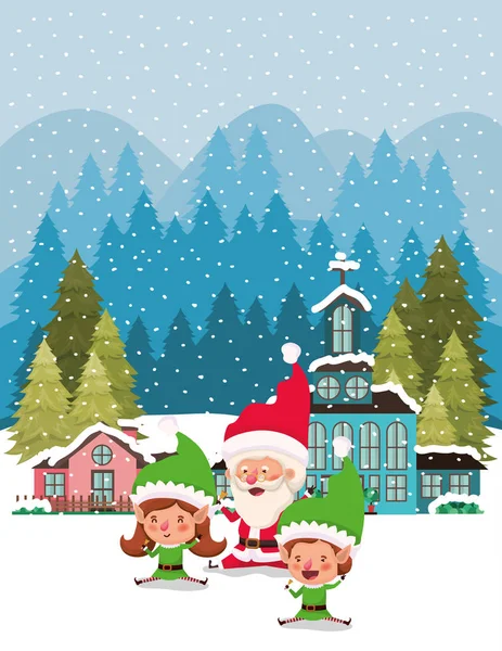 夫妇的助手与圣诞老人在雪景 — 图库矢量图片