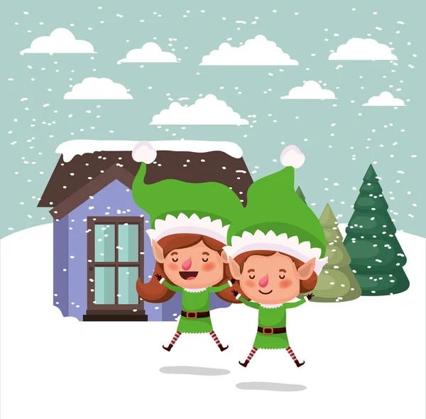 一对夫妇圣诞老人助手在雪景 — 图库矢量图片