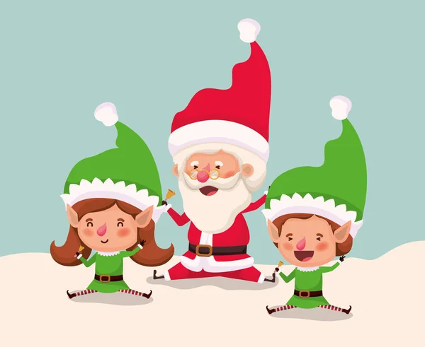 Paar helpers met Kerstman in snowscape — Stockvector