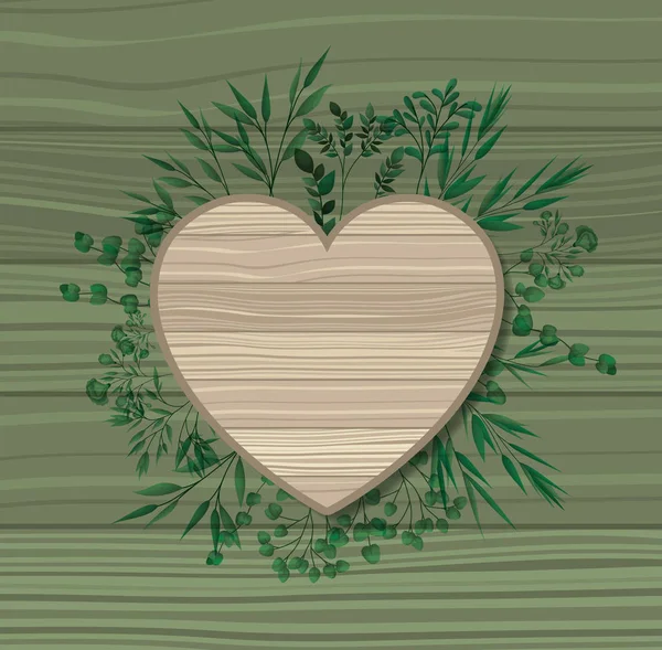 Marco del corazón con hojas de laurel fondo de madera — Archivo Imágenes Vectoriales