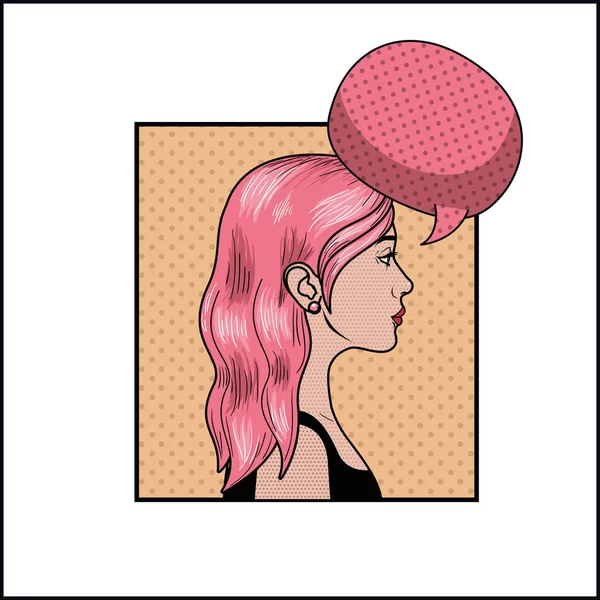 Mujer con el pelo rosa y el habla burbuja pop estilo de arte — Vector de stock