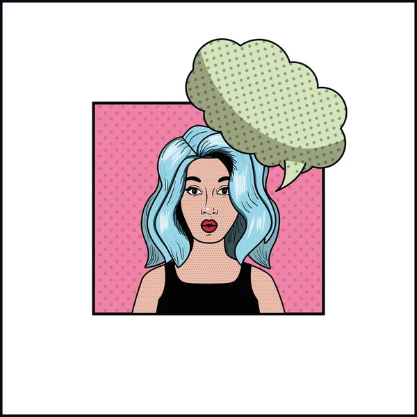 Mujer con el pelo azul y el habla burbuja pop estilo de arte — Vector de stock