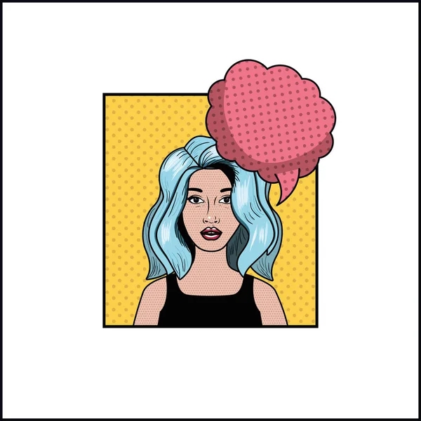 青い髪と音声バブルのポップなアート スタイルを持つ女性 — ストックベクタ