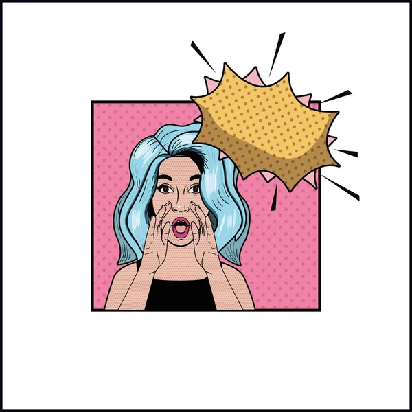 Mujer con el pelo azul y el habla burbuja pop estilo de arte — Vector de stock