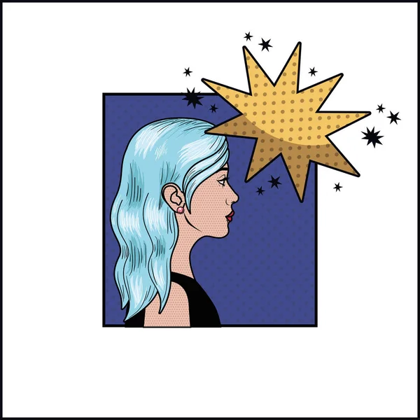 Mujer con el pelo azul y el habla burbuja pop estilo de arte — Vector de stock