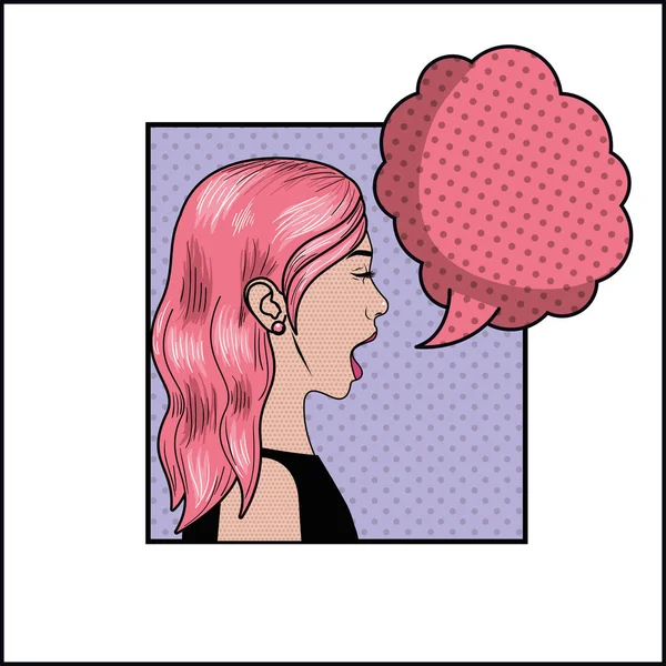 Mujer con el pelo rosa y el habla burbuja pop estilo de arte — Vector de stock