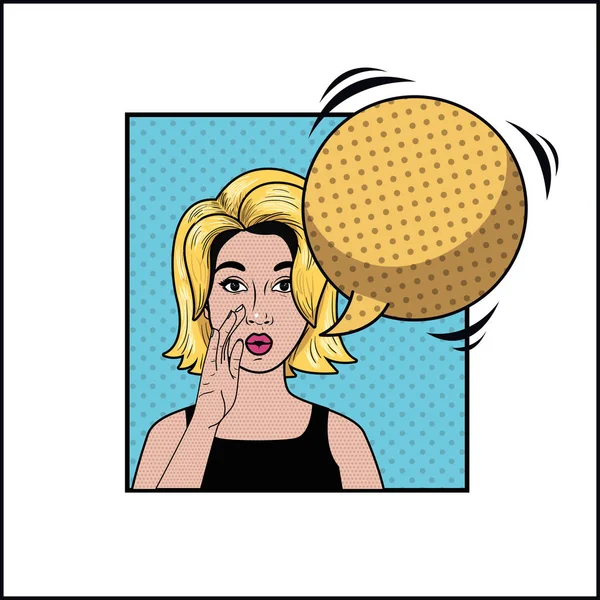 Mujer rubia con el habla burbuja pop estilo de arte — Vector de stock