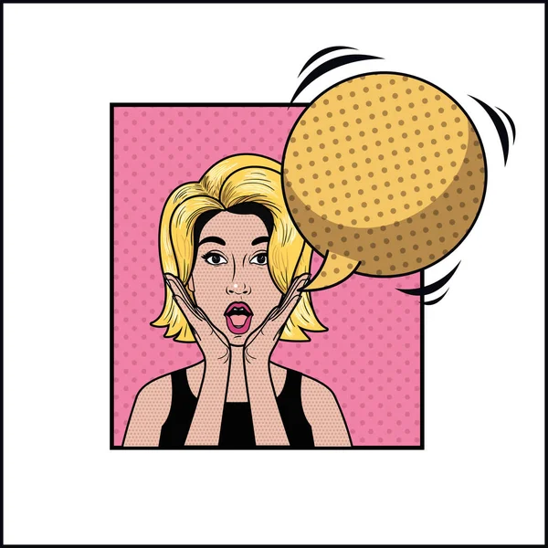 Mujer rubia con el habla burbuja pop estilo de arte — Vector de stock