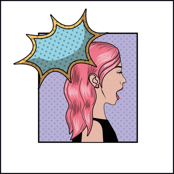 Wanita dengan rambut merah muda dan bicara gelembung gaya seni pop - Stok Vektor