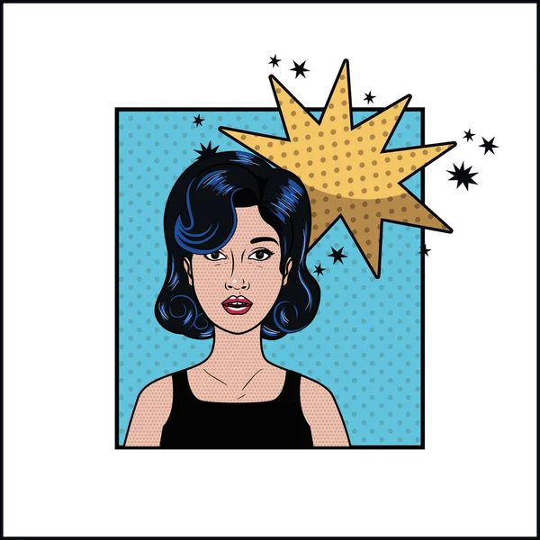 Mujer con el pelo negro y el habla burbuja pop estilo de arte — Vector de stock
