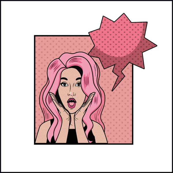 Kobieta z różowe włosy i mowy Bańka stylu pop art — Wektor stockowy