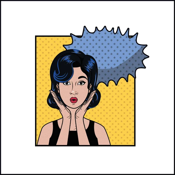 黒い髪と音声バブルのポップなアート スタイルを持つ女性 — ストックベクタ