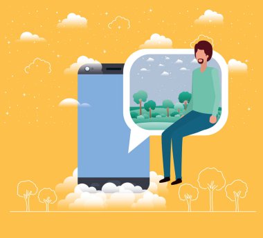 Smartphone ile konuşma balonu oturmuş çocuk
