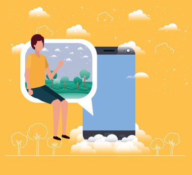 Smartphone ile konuşma balonu oturmuş çocuk