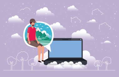 Laptop ile konuşma balonu oturmuş çocuk