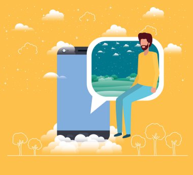 Smartphone ile konuşma balonu oturmuş çocuk