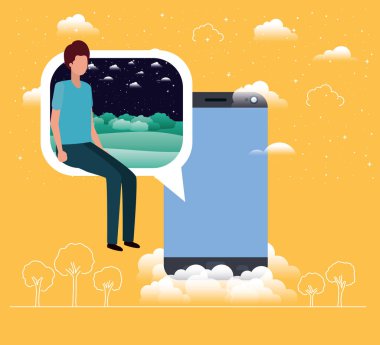 Smartphone ile konuşma balonu oturmuş çocuk