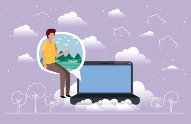 Laptop ile konuşma balonu vektör çizim tasarımında oturmuş çocuk
