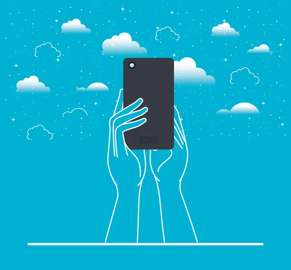 Manos usando smartphone en el cielo — Vector de stock