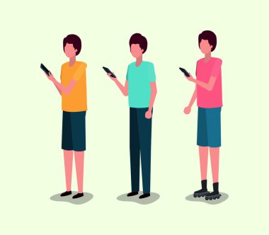 Grup Genç adam akıllı telefon kullanma
