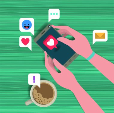 kahve fincanı ve sosyal simgeler ile Smartphone kullanarak eller illüstrasyon vektör