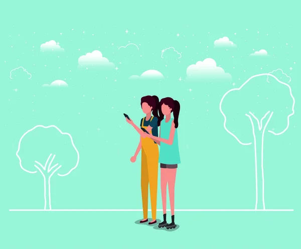 Par de chicas usando smartphone — Vector de stock