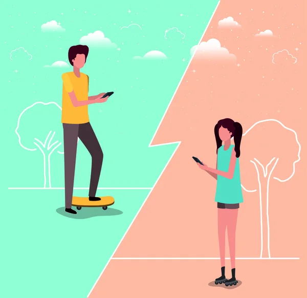 Couple utilisant un smartphone sur le terrain — Image vectorielle