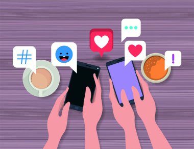 kahve fincanı ve sosyal simgeler ile akıllı telefon kullanan kişiler