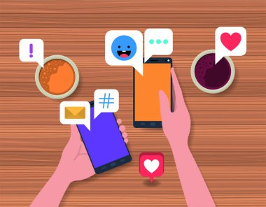 kahve fincanı ve sosyal simgeler ile akıllı telefon kullanan kişiler