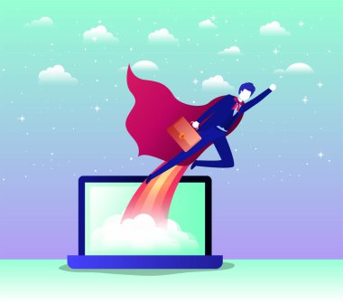 işadamı ile kahraman ceket içinde laptop uçan