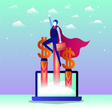 işadamı ile kahraman ceket içinde laptop uçan