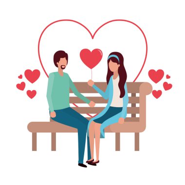 Kalpler karakteri ile park sandalyede oturan çift