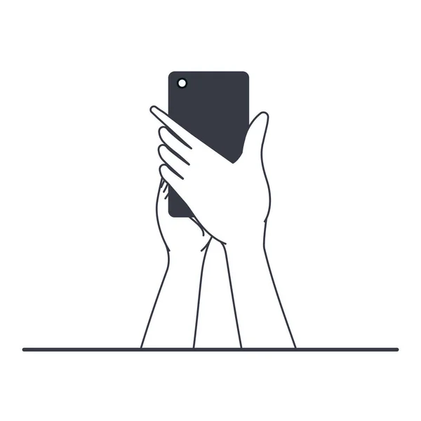 Handen met slimme telefoon geïsoleerd pictogram — Stockvector