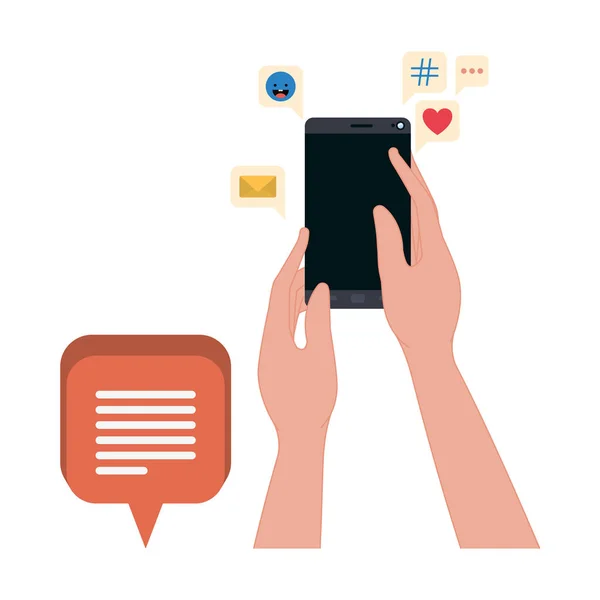 Mains avec smartphone et icônes bulle de parole — Image vectorielle