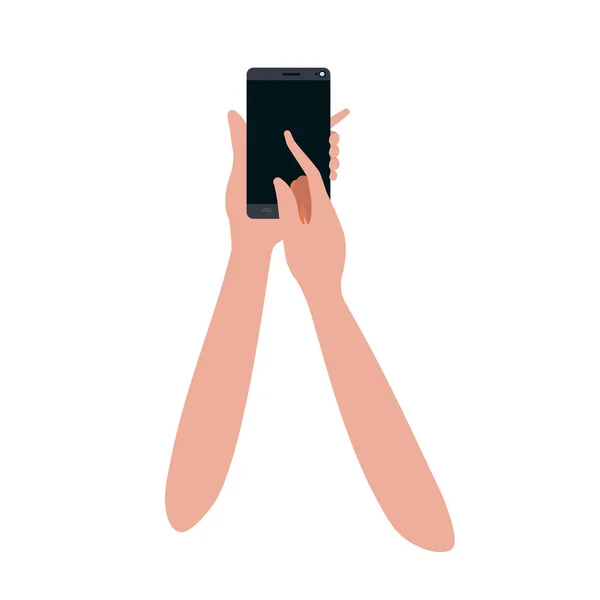 Handen met slimme telefoon geïsoleerd pictogram — Stockvector