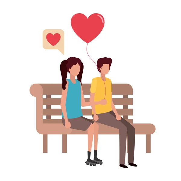 Couple sitting on park chair with hearts character — Stock Vector