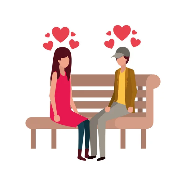 Ζευγάρι κάθεται σε καρέκλα πάρκο με καρδιές χαρακτήρα — Διανυσματικό Αρχείο