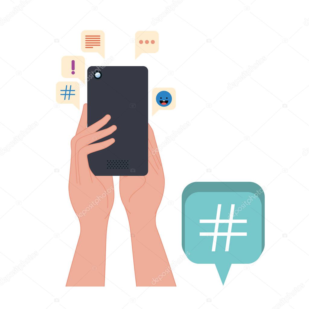 hands with smartphone and speech bubble icons