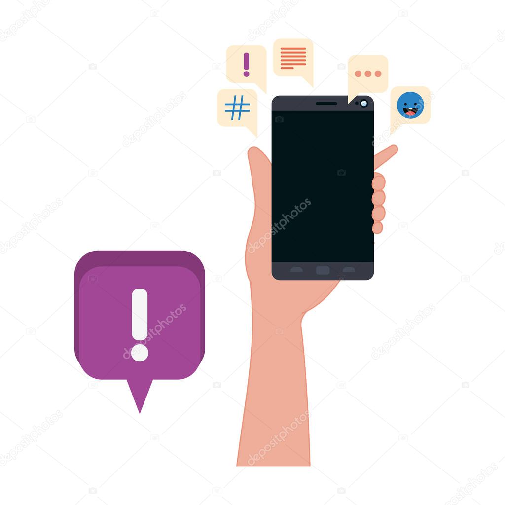 hand with smartphone and speech bubble icons