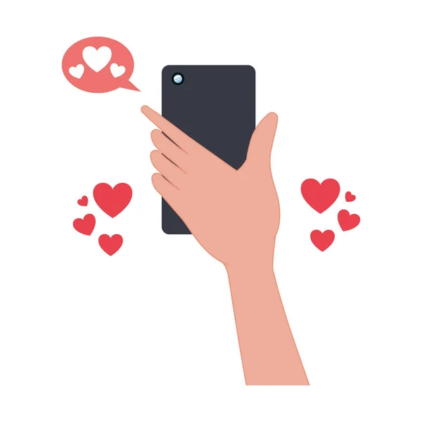 Smartphone ve kalpleri kutsal kişilerin resmi ile el — Stok Vektör