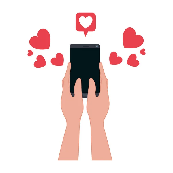 Mano con iconos de smartphone y corazones — Vector de stock