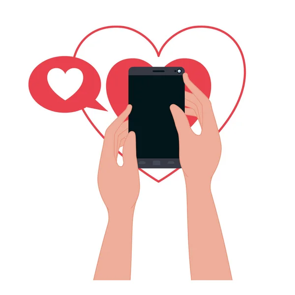 Manos con iconos de teléfonos inteligentes y corazones — Vector de stock